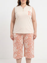 Ensemble Pyjama Femme Grande Taille Écru & Bermuda Floral Corail – vue principale, pyjama femme Allure Maroc