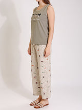 Ensemble Pyjama Femme Kaki Sans Manches & Pantalon Imprimé – présentation du modèle, pyjama femme Allure Maroc