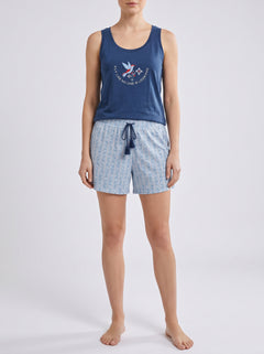 Ensemble Pyjama Femme Marine & Short Micro-Imprimé Bleu – vue principale, pyjama femme Allure Maroc