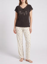 Ensemble Pyjama Femme Noir Brodé & Pantalon Fleuri Écru – vue principale, pyjama femme Allure Maroc