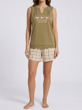 Ensemble Pyjama Femme Skull Kaki & Short Carreaux Beige – vue principale, pyjama femme Allure Maroc