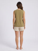 Ensemble Pyjama Femme Skull Kaki & Short Carreaux Beige – coupe et style, pyjama femme Allure Maroc