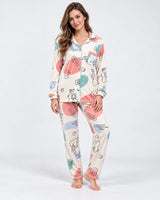 Pyjama Chemise Boutonné Femme – Crème Imprimé Coloré - vue de face