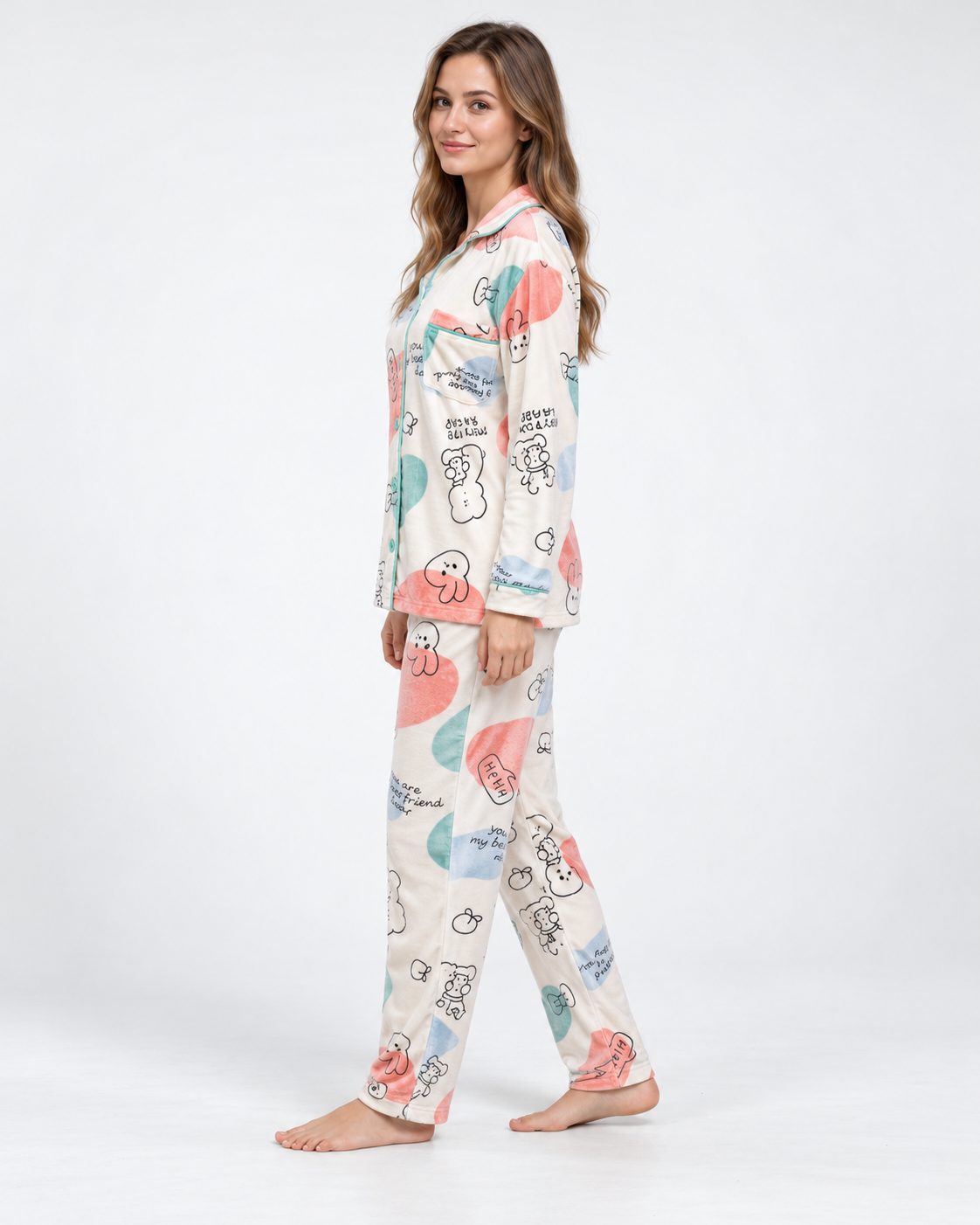 Pyjama Chemise Boutonné Femme – Crème Imprimé Coloré - vue de côté