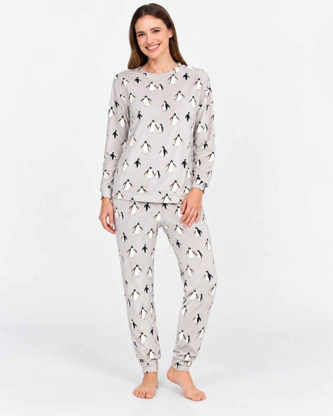 Pyjama Femme Gris Clair Imprimé Pingouins - vue de face
