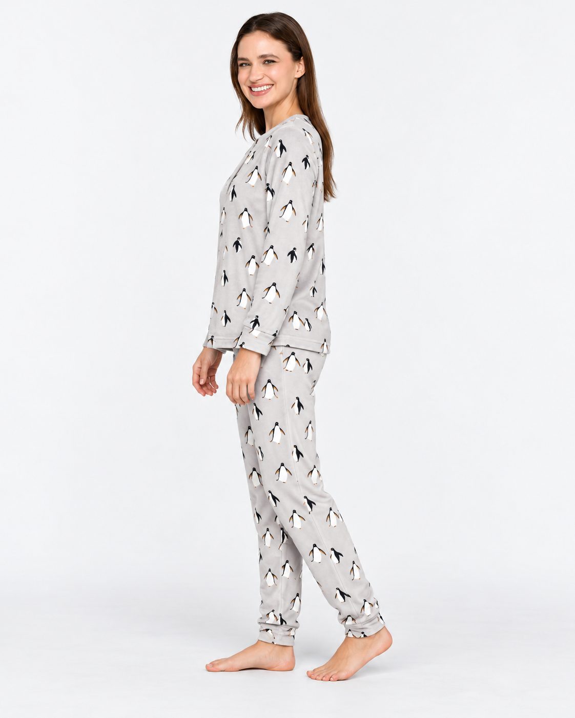 Pyjama Femme Gris Clair Imprimé Pingouins - vue de côté