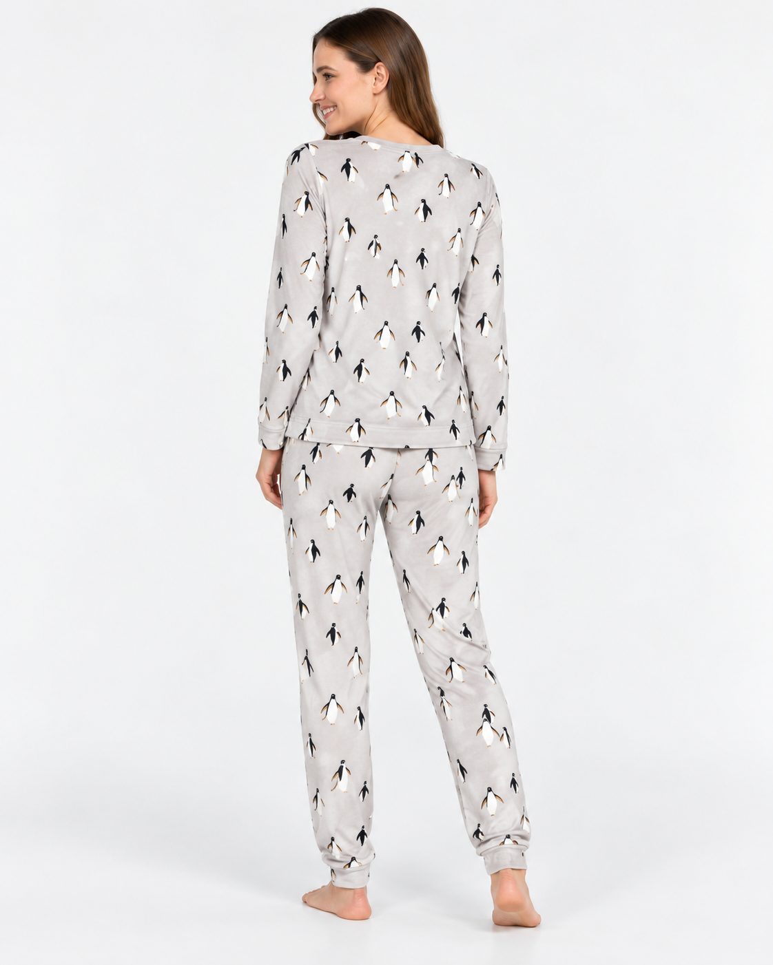Pyjama Femme Gris Clair Imprimé Pingouins - vue de dos