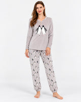 Pyjama Femme Gris Motif Pingouins – Manches Longues - vue de face