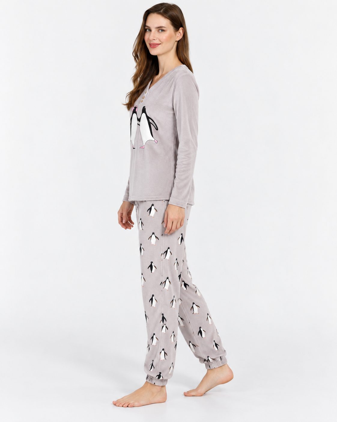 Pyjama Femme Gris Motif Pingouins – Manches Longues - vue de côté