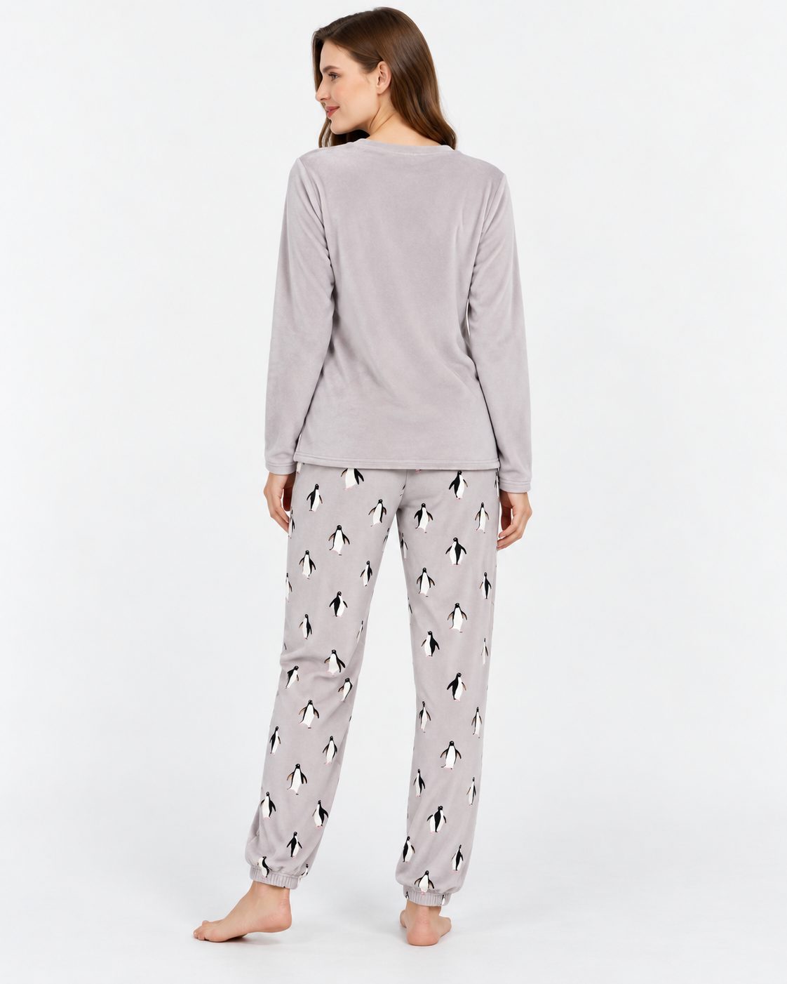 Pyjama Femme Gris Motif Pingouins – Manches Longues - vue de dos