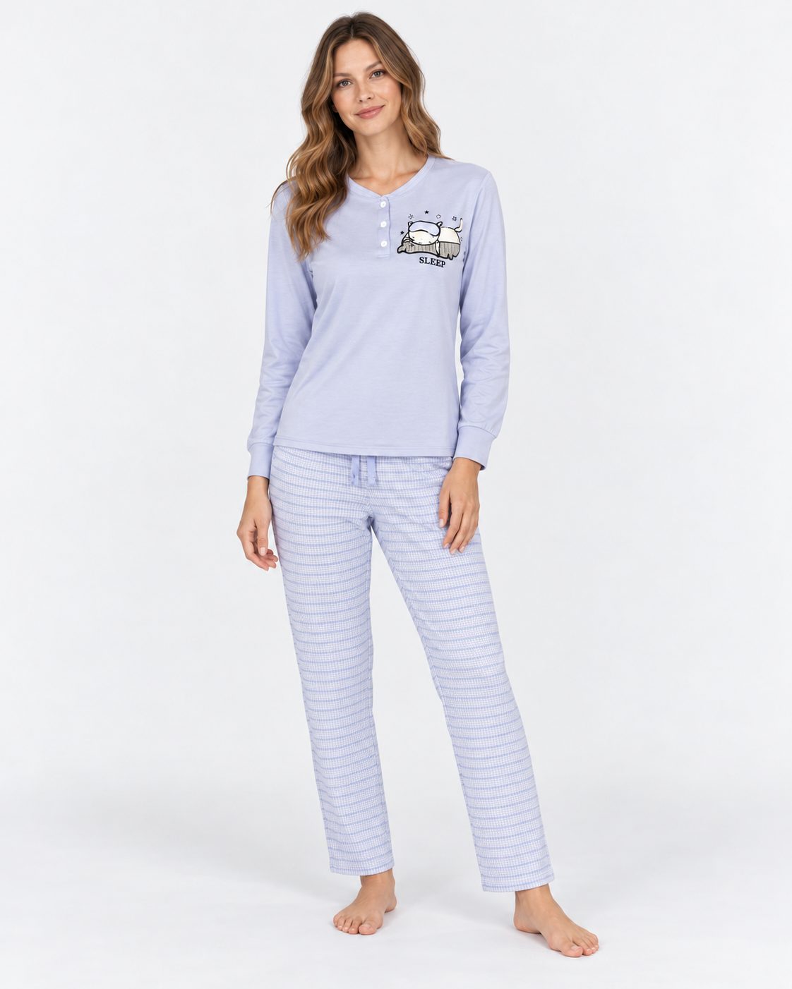Pyjama Femme Lilas Manches Longues – Pantalon Rayé - vue de face