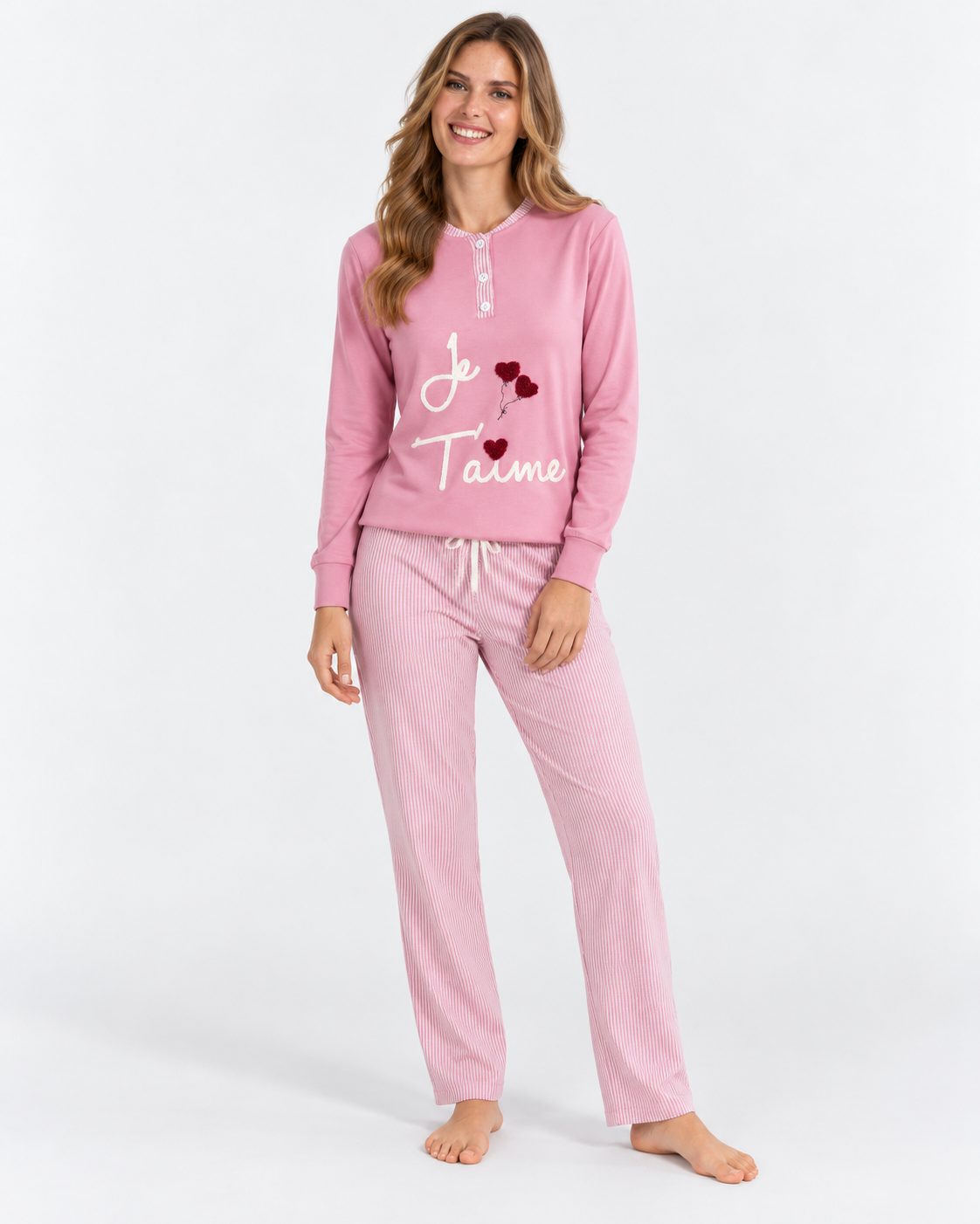 Pyjama Femme Rose « Je t'aime » – Pantalon Rayé - vue de face