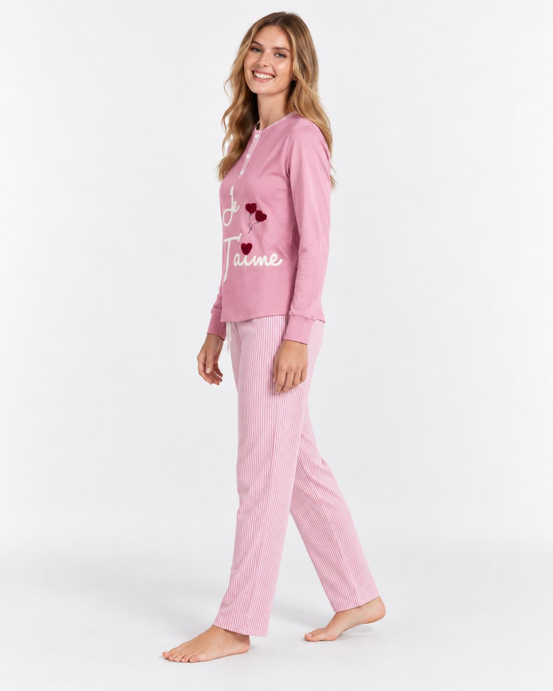 Pyjama Femme Rose « Je t'aime » – Pantalon Rayé - vue de côté