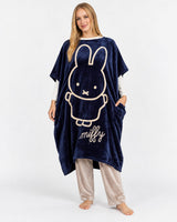 Pyjama poncho polaire femme motif lapin bleu marine - vue de face