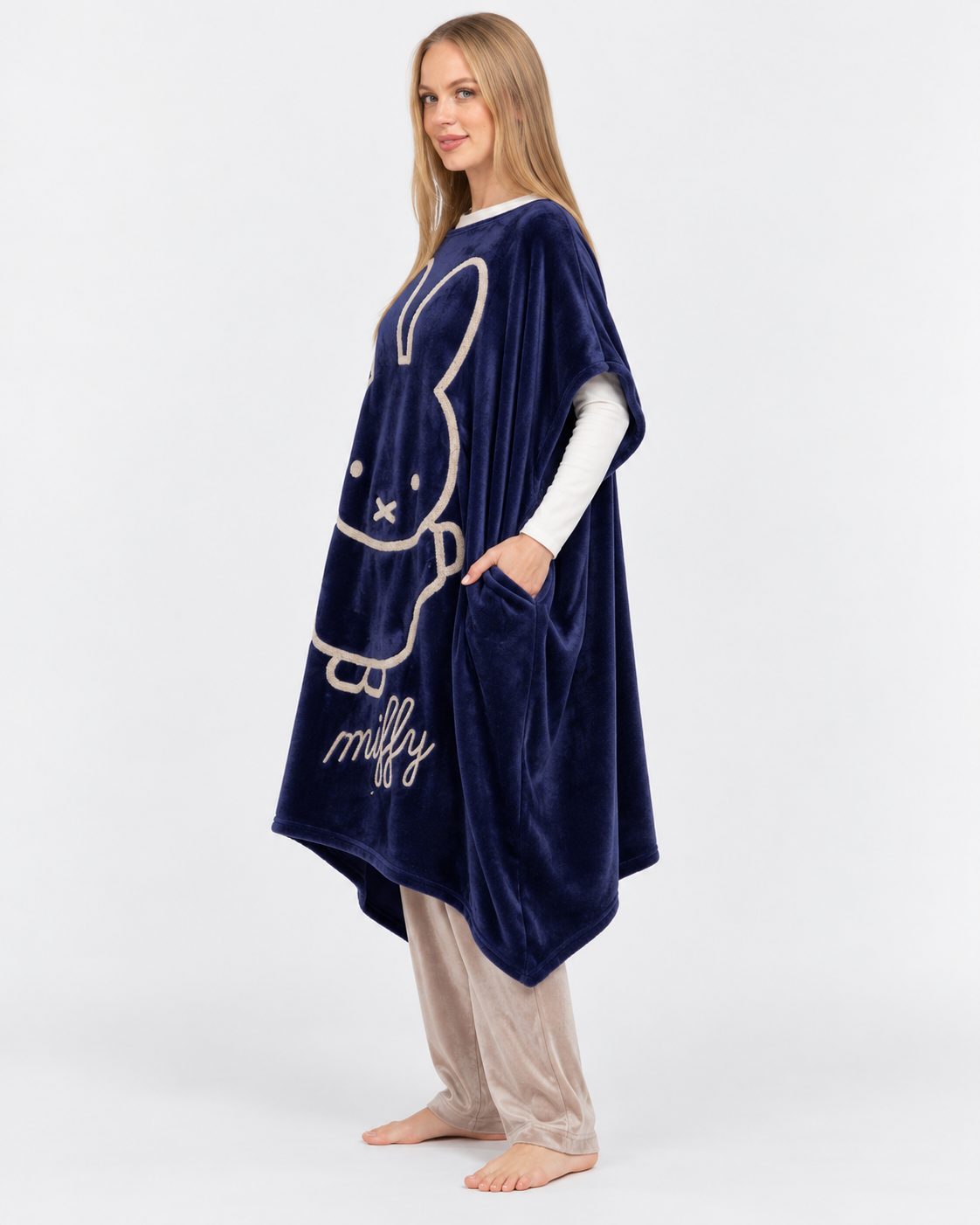 Pyjama poncho polaire femme motif lapin bleu marine - vue de côté