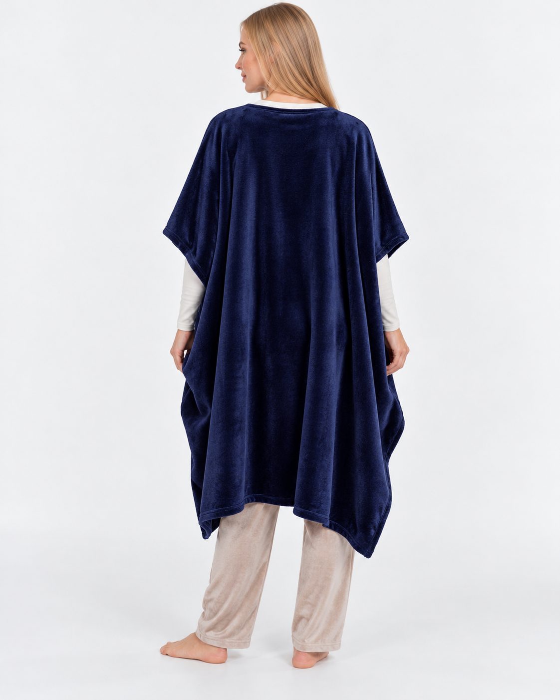 Pyjama poncho polaire femme motif lapin bleu marine - vue de dos